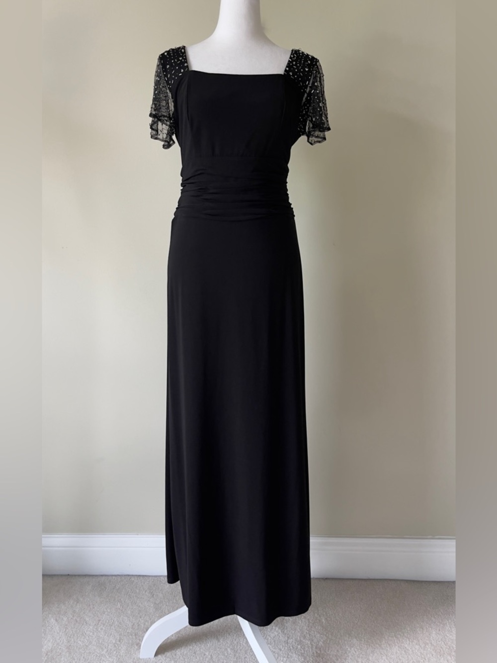 SL Fashion Ruched Beaded Flutter Sleeve Column Black Maxi Dress NWOT Size 10P - Picture 5 of 11